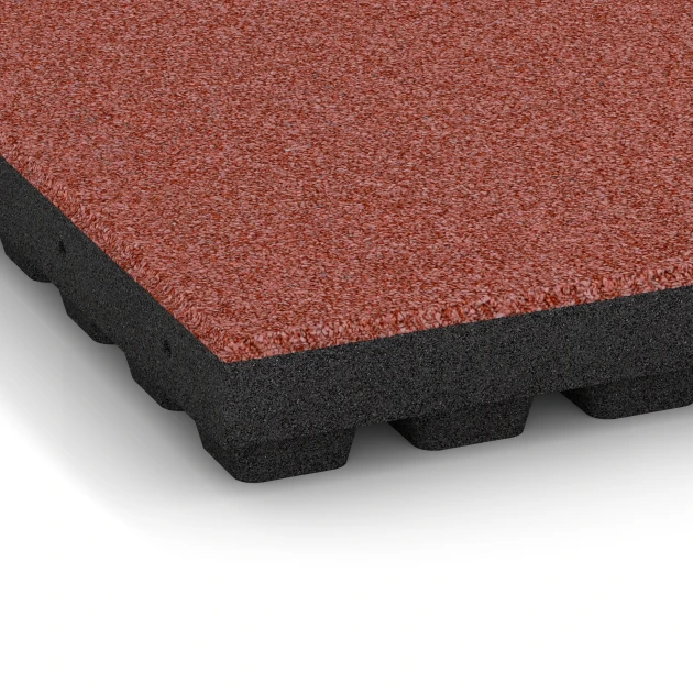 Detailaufnahme der Randausprägung von WARCO-Produkt 6296, Fallschutzplatten, Format 50 x 50 x 7 cm, Farbe Tomatenrot.