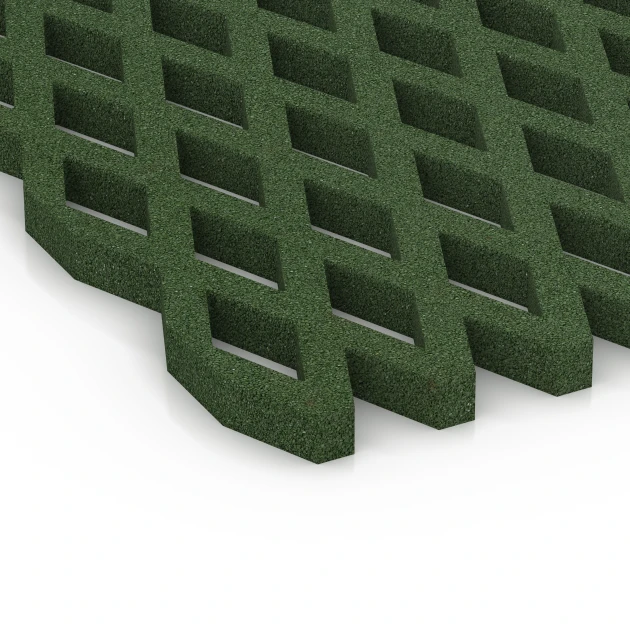 Detailaufnahme der Randausprägung von WARCO-Produkt 7011, Fallschutz-Rasengittermatte, Format 100 x 100 x 4 cm, Farbe Grasgrün.