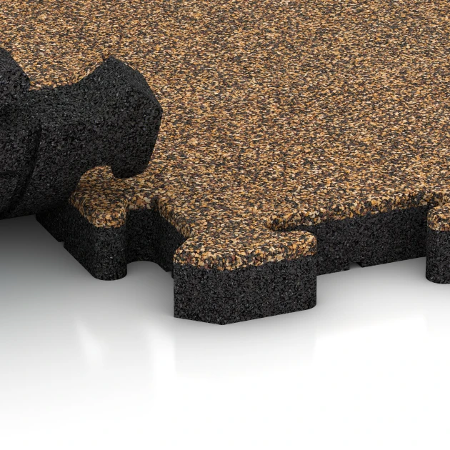 Großaufnahme vom Verbindungssystem von WARCO-Boden 4014 - Hunde-Bodenplatte im Farbdesign Rattan Lounge. Abmessungen 500 x 500 x 40 mm.