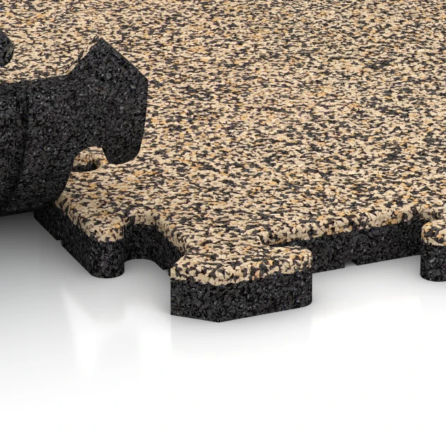 Großaufnahme vom Verbindungssystem von WARCO-Boden 2747 - Fitness-Bodenschutzmatte im Farbdesign Travertin. Abmessungen 500 x 500 x 30 mm.