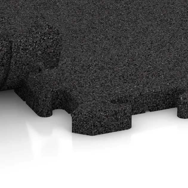 Großaufnahme vom Verbindungssystem von WARCO-Boden 2827 - Fitness-Bodenschutzmatte HD im Farbdesign Anthrazit. Abmessungen 500 x 500 x 30 mm.