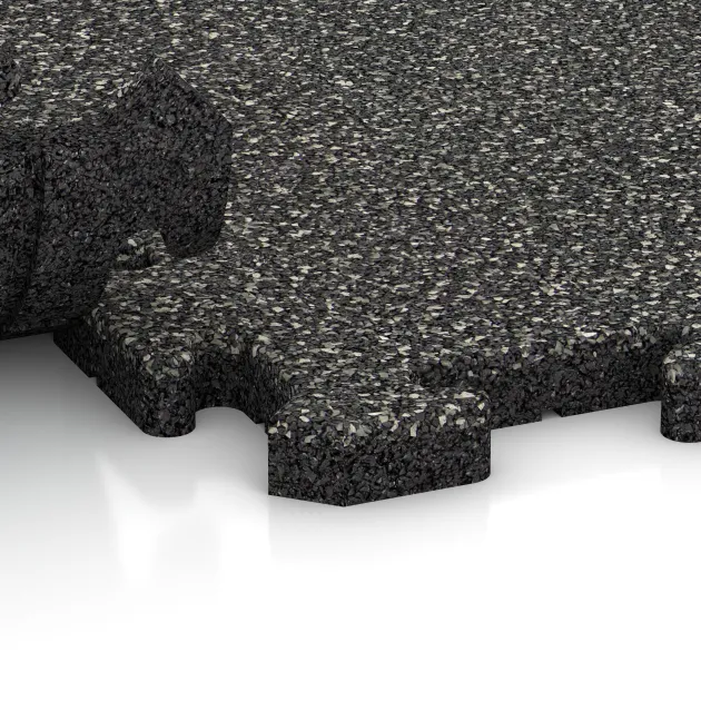 Großaufnahme vom Verbindungssystem von WARCO-Boden 3282 - Hunde-Sportboden HD im Farbdesign Dunkelgrauer Granit. Abmessungen 1000 x 1000 x 30 mm.