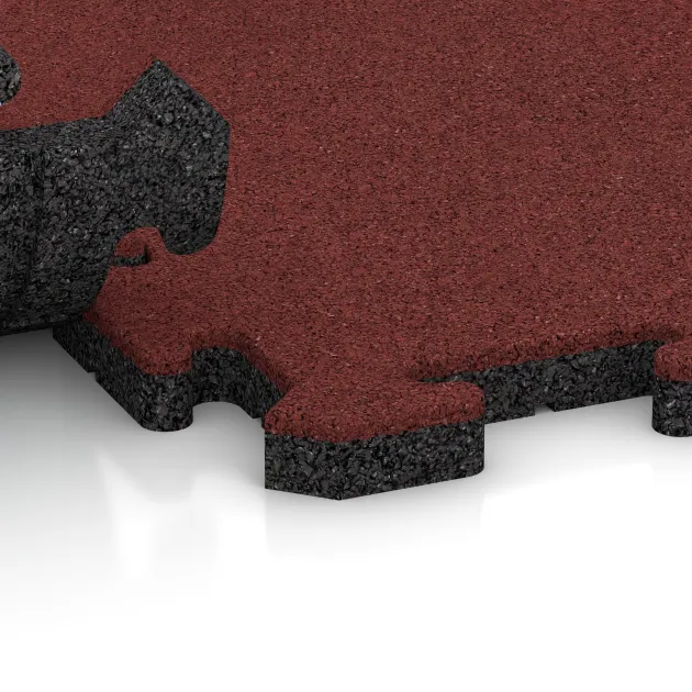 Großaufnahme vom Verbindungssystem von WARCO-Boden 5821 - Indoor-Klickfliese im Farbdesign Korallenrot. Abmessungen 1000 x 1000 x 30 mm.