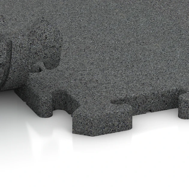 Großaufnahme vom Verbindungssystem von WARCO-Boden 3375 - Fitness-Bodenschutzmatte im Farbdesign Schiefergrau. Abmessungen 1000 x 1000 x 30 mm.