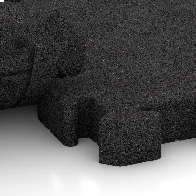 Großaufnahme vom Verbindungssystem von WARCO-Boden 3192 - Fitness-Bodenschutzmatte im Farbdesign Anthrazit. Abmessungen 500 x 500 x 60 mm.