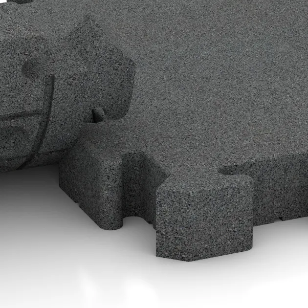 Großaufnahme vom Verbindungssystem von WARCO-Boden 3195 - Fitness-Bodenschutzmatte im Farbdesign Schiefergrau. Abmessungen 500 x 500 x 60 mm.