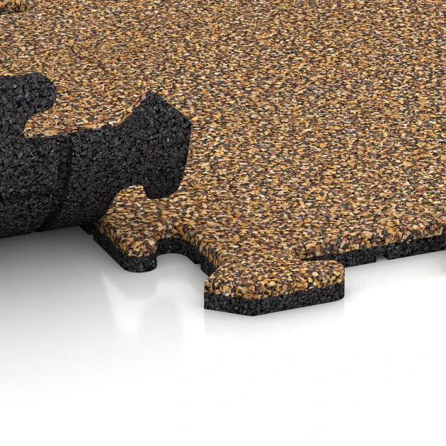 Großaufnahme vom Verbindungssystem von WARCO-Boden 0151 - Bodenschutzmatte 1,8 cm – Fitness im Farbdesign Rattan Lounge. Abmessungen 500 x 500 x 18 mm.