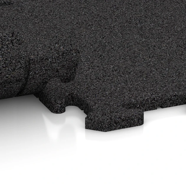 Großaufnahme vom Verbindungssystem von WARCO-Boden 0188 - Bodenschutzmatte 1,8 cm – Fitness im Farbdesign Anthrazit. Abmessungen 500 x 500 x 18 mm.