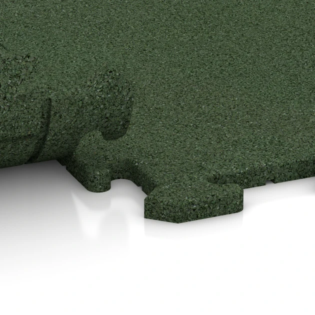 Großaufnahme vom Verbindungssystem von WARCO-Boden 0372 - Bodenschutzmatte 1,8 cm – Fitness im Farbdesign Grasgrün. Abmessungen 1000 x 1000 x 18 mm.