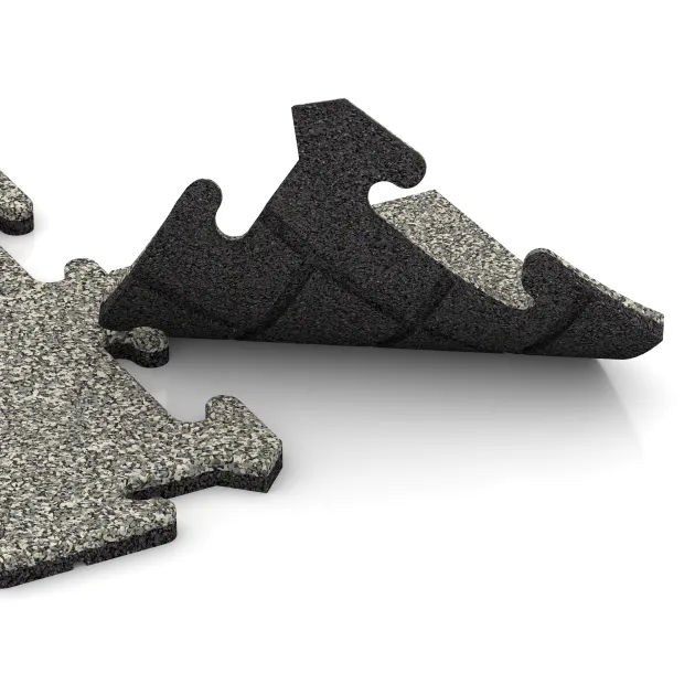 Großaufnahme vom Verbindungssystem von WARCO-Boden 4710 - Eckplatte im Farbdesign Heller Granit. Abmessungen 235 x 235 x 18 mm.