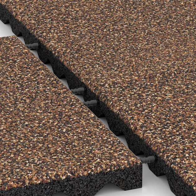 Großaufnahme vom Verbindungssystem von WARCO-Boden 5346 - Fallschutzplatte im Farbdesign Bast & Borke. Abmessungen 500 x 500 x 40 mm.