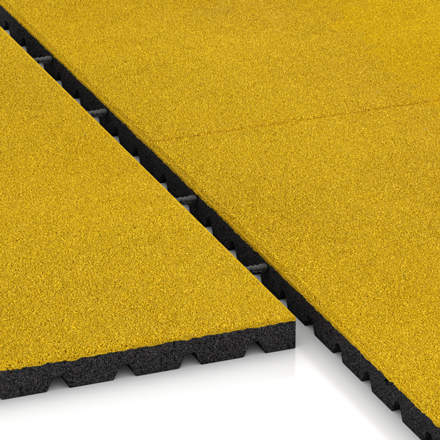 Großaufnahme vom Verbindungssystem von WARCO-Boden 0770 - Fallschutzmatte im Farbdesign Zitronengelb. Abmessungen 1000 x 1000 x 40 mm.