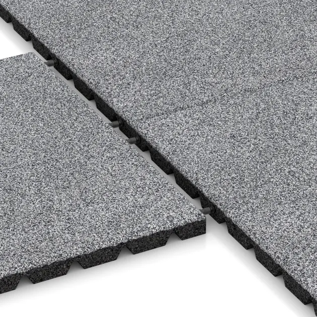 Großaufnahme vom Verbindungssystem von WARCO-Boden 5476 - Fallschutzplatte 3 cm - EN 1177 ≤ 100 cm im Farbdesign Grau Melange. Abmessungen 500 x 500 x 30 mm.