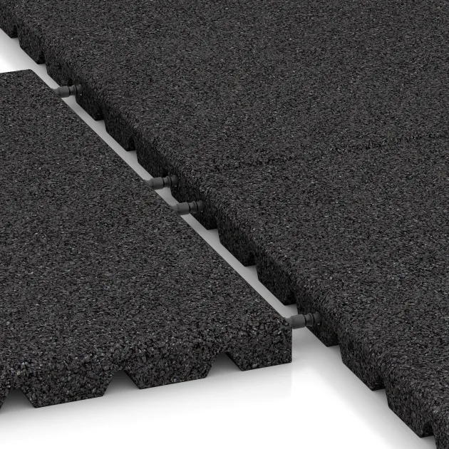 Großaufnahme vom Verbindungssystem von WARCO-Boden 5462 - Fallschutzplatte 3 cm - EN 1177 ≤ 100 cm im Farbdesign Anthrazit. Abmessungen 500 x 500 x 30 mm.