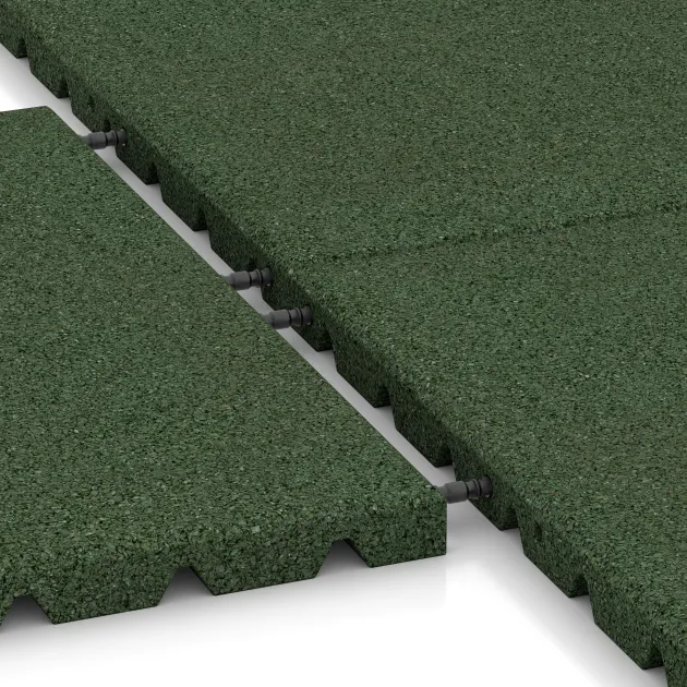 Großaufnahme vom Verbindungssystem von WARCO-Boden 0570 - Wandschutzplatte im Farbdesign Grasgrün. Abmessungen 500 x 500 x 30 mm.