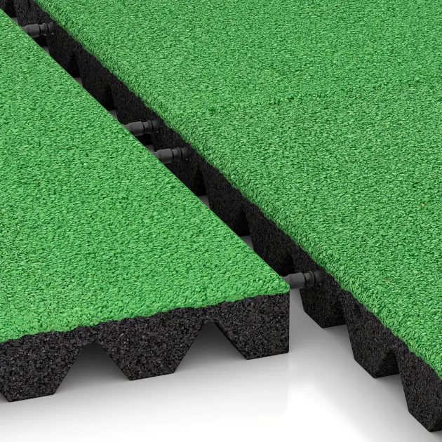 Großaufnahme vom Verbindungssystem von WARCO-Boden 0635 - Fallschutzplatte im Farbdesign Maigrün. Abmessungen 500 x 500 x 45 mm.