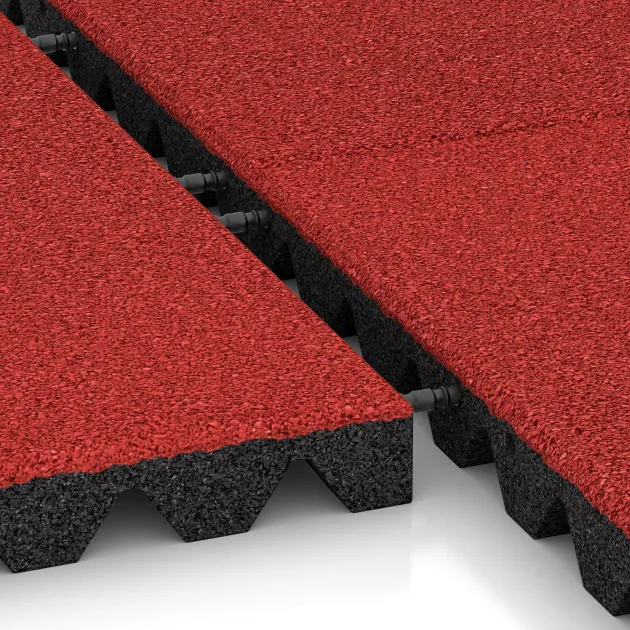 Großaufnahme vom Verbindungssystem von WARCO-Boden 0639 - Fallschutzplatte im Farbdesign Rose. Abmessungen 500 x 500 x 45 mm.