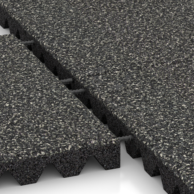 Großaufnahme vom Verbindungssystem von WARCO-Boden 5359 - Fallschutzplatte im Farbdesign Dunkelgrauer Granit. Abmessungen 500 x 500 x 50 mm.