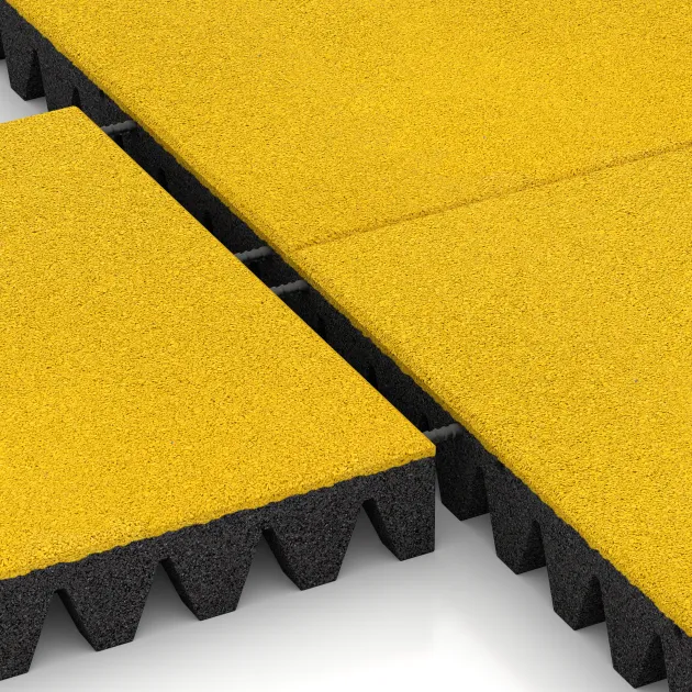 Großaufnahme vom Verbindungssystem von WARCO-Boden 0722 - Fallschutzplatte im Farbdesign Zitronengelb. Abmessungen 500 x 500 x 80 mm.