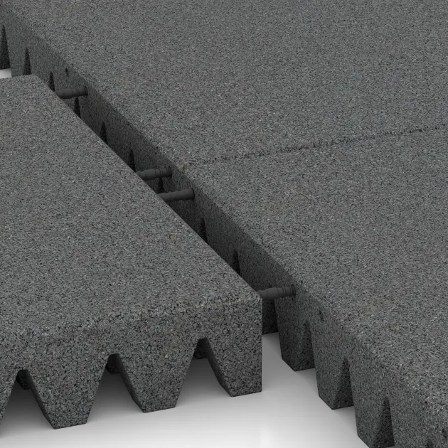 Großaufnahme vom Verbindungssystem von WARCO-Boden 0729 - Fallschutzplatte im Farbdesign Schiefergrau. Abmessungen 500 x 500 x 80 mm.