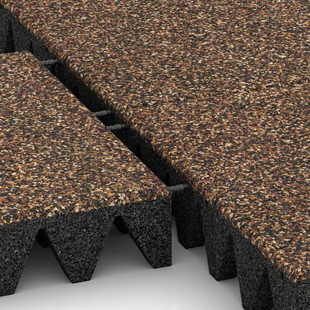 Großaufnahme vom Verbindungssystem von WARCO-Boden 3711 - Fallschutzplatte im Farbdesign Bast & Borke. Abmessungen 500 x 500 x 100 mm.