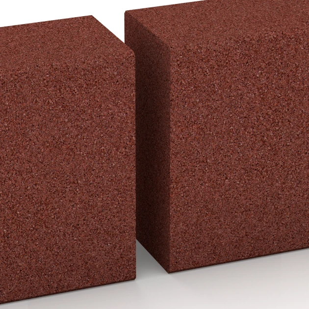Großaufnahme vom Verbindungssystem von WARCO-Boden 7029 - Blockstufe aus Gummigranulat im Farbdesign Ziegelrot. Abmessungen 100 x 30 x 15 cm.