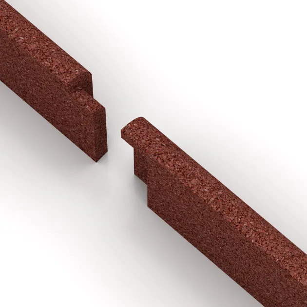Großaufnahme vom Verbindungssystem von WARCO-Boden 2264 - Wandschutz Sockelleiste im Farbdesign Ziegelrot. Abmessungen 750 x 20 x 80 mm.