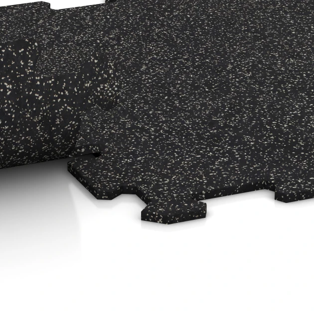 Großaufnahme vom Verbindungssystem von WARCO-Boden 0920 - Fitnessboden Kompakt im Farbdesign Leicht Grau Gesprenkelt. Abmessungen 485 x 485 x 8 mm | 0,235 m².