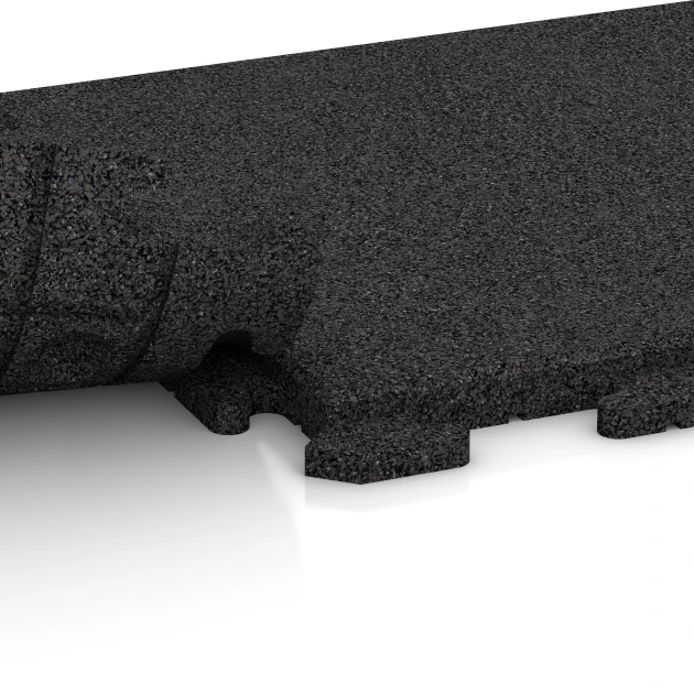 Großaufnahme vom Verbindungssystem von WARCO-Boden 1277 - Fitnessboden Gummi-Fliesen Classic im Farbdesign Anthrazit. Abmessungen 500 x 500 x 30 mm.