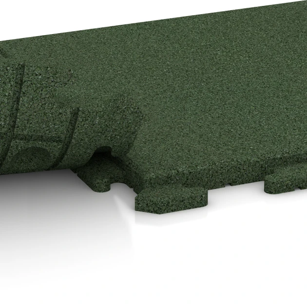 Großaufnahme vom Verbindungssystem von WARCO-Boden 1279 - Fitnessboden Gummi-Fliesen Classic im Farbdesign Grasgrün. Abmessungen 500 x 500 x 30 mm.