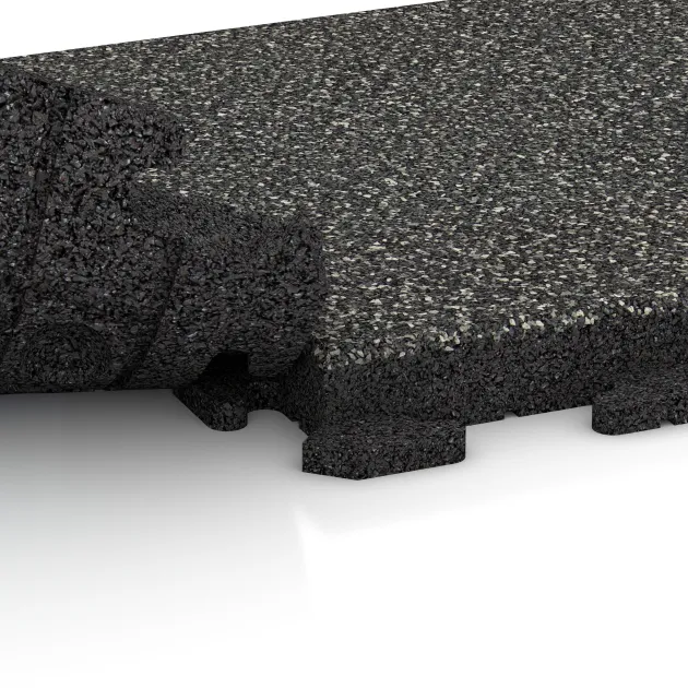 Großaufnahme vom Verbindungssystem von WARCO-Boden 1430 - Gehwegplatte im Farbdesign Dunkelgrauer Granit. Abmessungen 500 x 500 x 50 mm.