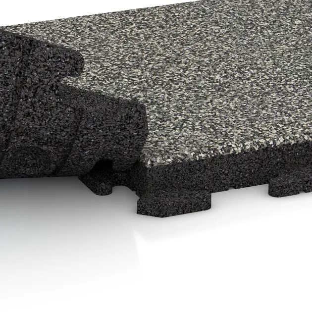Großaufnahme vom Verbindungssystem von WARCO-Boden 1431 - Gehwegplatte im Farbdesign Grauer Granit. Abmessungen 500 x 500 x 50 mm.
