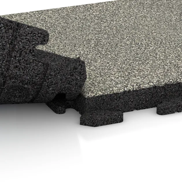 Großaufnahme vom Verbindungssystem von WARCO-Boden 1432 - Gehwegplatte im Farbdesign Heller Granit. Abmessungen 500 x 500 x 50 mm.