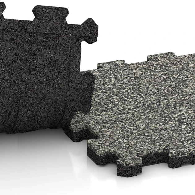 Großaufnahme vom Verbindungssystem von WARCO-Boden 5737 - Messeboden-Klickfliese im Farbdesign Grauer Granit. Abmessungen 306 x 306 x 20 mm.