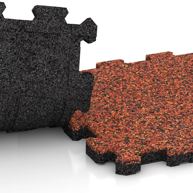 Großaufnahme vom Verbindungssystem von WARCO-Boden 3733 - Steinteppich-Klickfliese im Farbdesign Feuersglut. Abmessungen 306 x 306 x 20 mm.