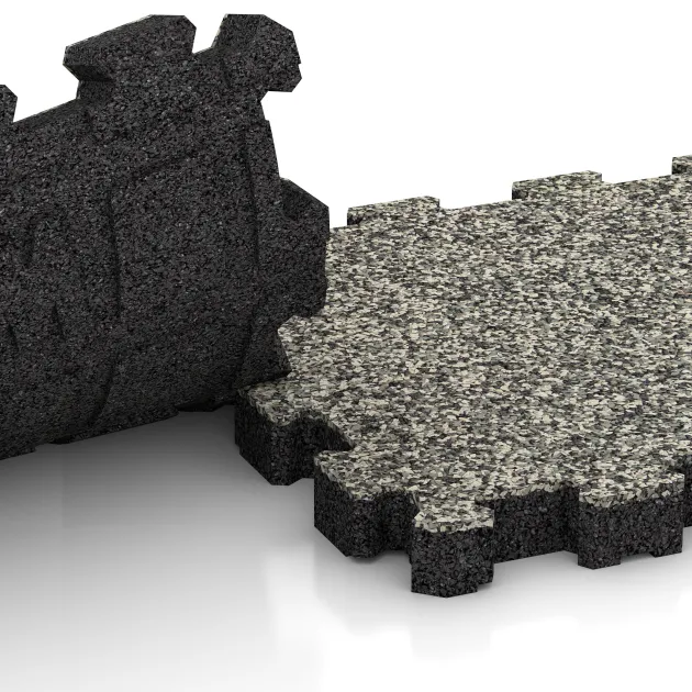 Großaufnahme vom Verbindungssystem von WARCO-Boden 4269 - Steinteppich-Klickfliese im Farbdesign Heller Granit. Abmessungen 306 x 306 x 30 mm.