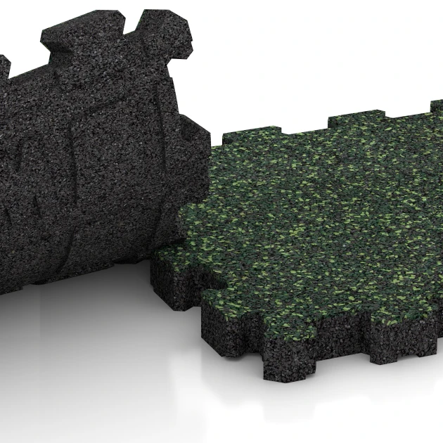 Großaufnahme vom Verbindungssystem von WARCO-Boden 4275 - Steinteppich-Klickfliese im Farbdesign Englischer Rasen. Abmessungen 30,6 x 30,6 x 3 cm | 0,094 m².