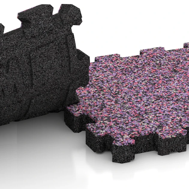 Großaufnahme vom Verbindungssystem von WARCO-Boden 4421 - Sportboden – fugenlos im Farbdesign Lavendel. Abmessungen 306 x 306 x 30 mm.