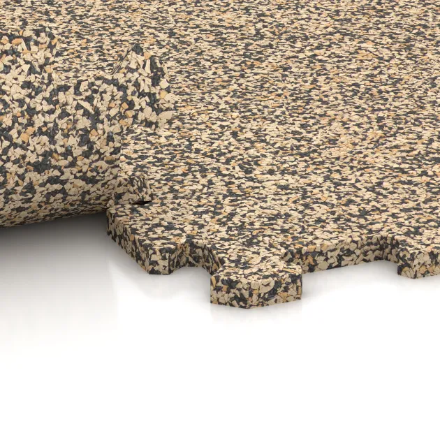 Großaufnahme vom Verbindungssystem von WARCO-Boden 1090 - Treppenfliese im Farbdesign Travertin. Abmessungen 970 x 970 x 16 mm.