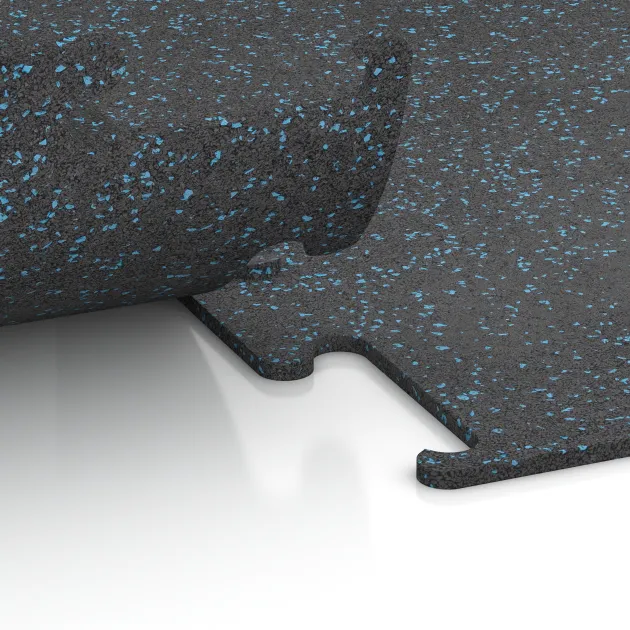 Großaufnahme vom Verbindungssystem von WARCO-Boden 3754 - Fitness Performance Elite Trainingsboden im Farbdesign Leicht Blau Gesprenkelt. Abmessungen 1000 x 1000 x 10 mm.