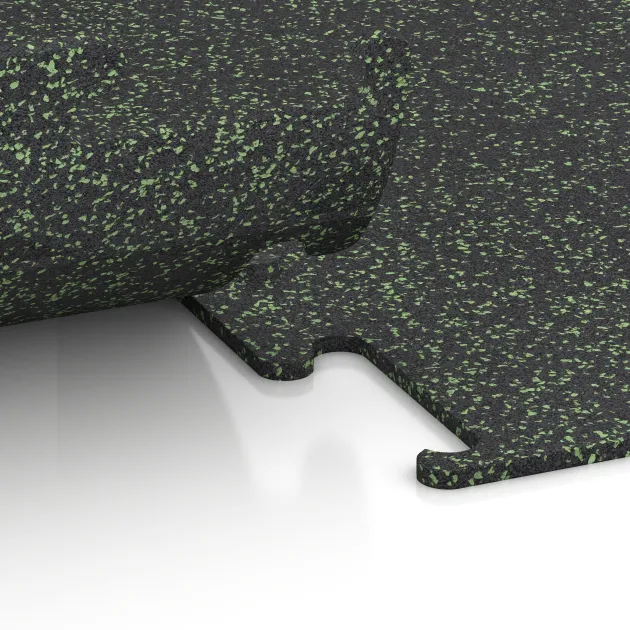 Großaufnahme vom Verbindungssystem von WARCO-Boden 3755 - Fitness Performance Elite Trainingsboden im Farbdesign Leicht Grün Gesprenkelt. Abmessungen 1000 x 1000 x 10 mm.