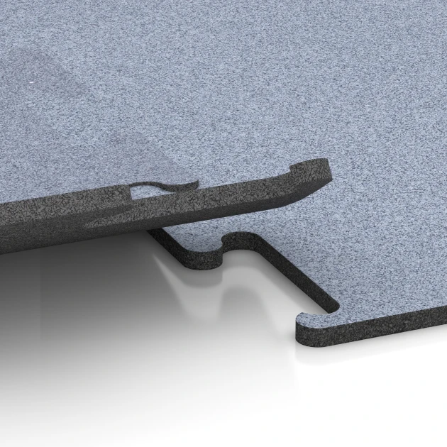 Großaufnahme vom Verbindungssystem von WARCO-Boden 6148 - Fitness Performance Elite Trainingsboden im Farbdesign Nebelgrau. Abmessungen 100 x 100 x 1,5 cm | 1,00 m².