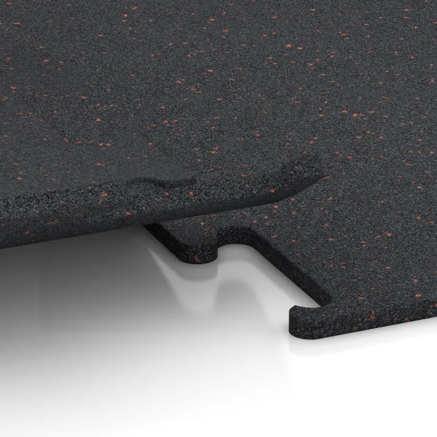 Großaufnahme vom Verbindungssystem von WARCO-Boden 3757 - Fitness Performance Elite Trainingsboden im Farbdesign Leicht Rot Gesprenkelt. Abmessungen 1000 x 1000 x 15 mm.