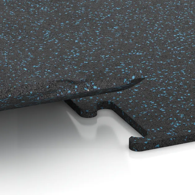 Großaufnahme vom Verbindungssystem von WARCO-Boden 3758 - Fitness Performance Elite Trainingsboden im Farbdesign Leicht Blau Gesprenkelt. Abmessungen 1000 x 1000 x 15 mm.
