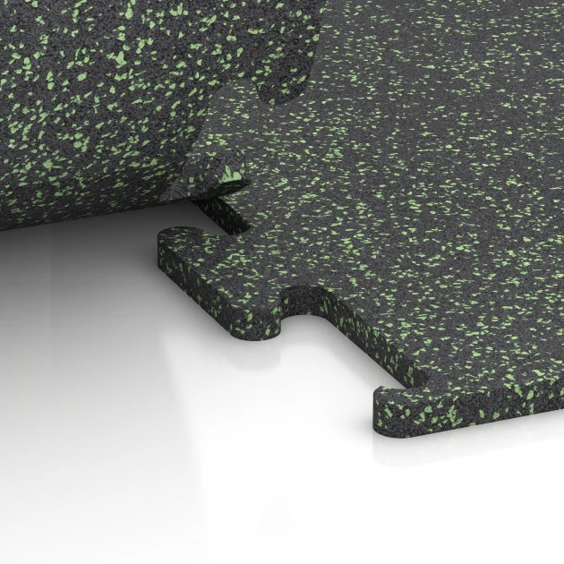 Großaufnahme vom Verbindungssystem von WARCO-Boden 6979 - Fitness Performance Elite Trainingsboden im Farbdesign Leicht Grün Gesprenkelt. Abmessungen 100 x 100 x 2 cm | 1,00 m².