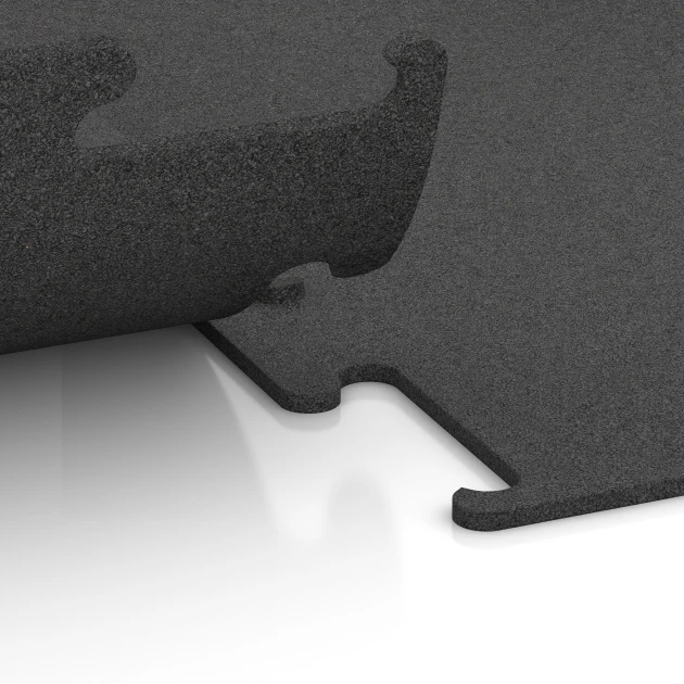 Großaufnahme vom Verbindungssystem von WARCO-Boden 3749 - Fitness Performance Elite Trainingsboden im Farbdesign Anthrazit. Abmessungen 500 x 500 x 10 mm.