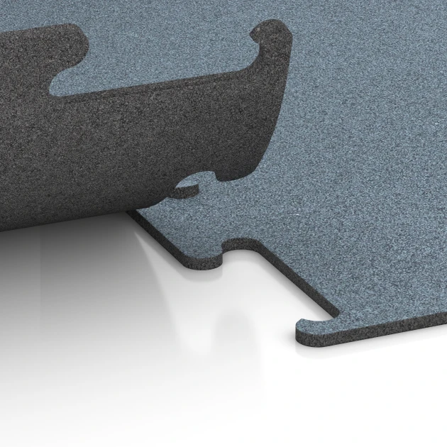 Großaufnahme vom Verbindungssystem von WARCO-Boden 6164 - Fitness Performance Elite Trainingsboden im Farbdesign Altsilber. Abmessungen 500 x 500 x 10 mm.