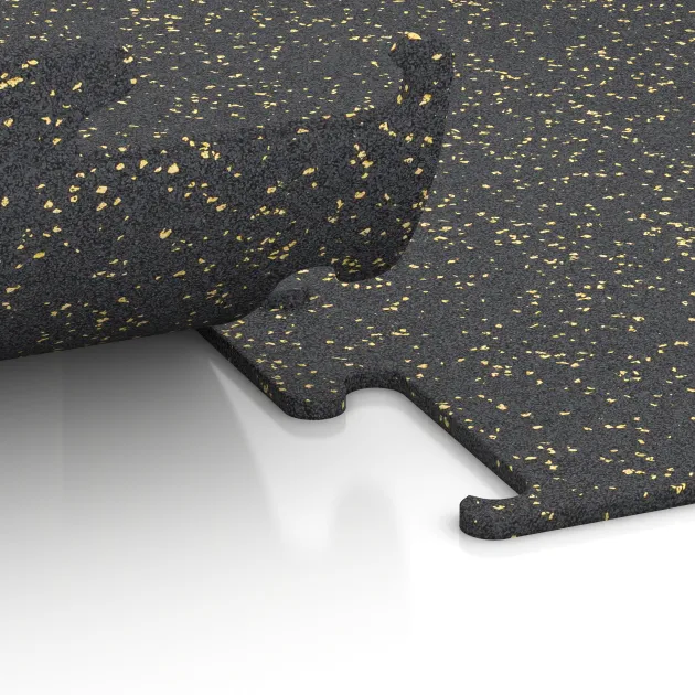 Großaufnahme vom Verbindungssystem von WARCO-Boden 3764 - Fitness Performance Elite Trainingsboden im Farbdesign Leicht Gelb Gesprenkelt. Abmessungen 500 x 500 x 10 mm.