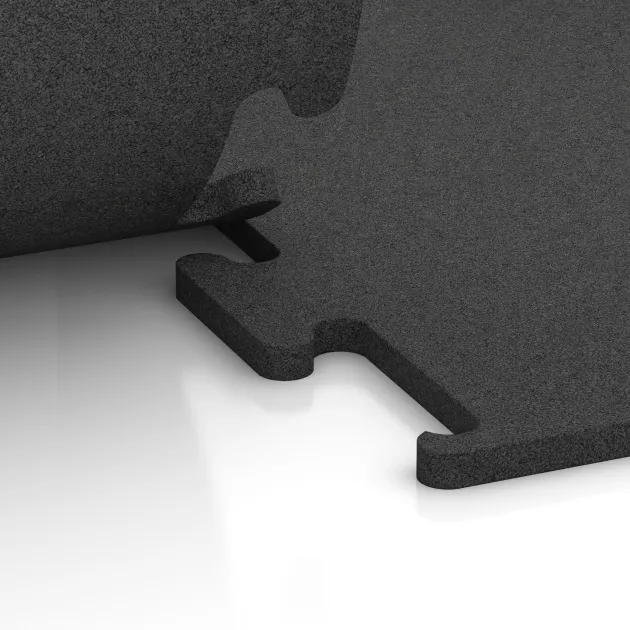 Großaufnahme vom Verbindungssystem von WARCO-Boden 3751 - Fitness Performance Elite Trainingsboden im Farbdesign Anthrazit. Abmessungen 500 x 500 x 20 mm.