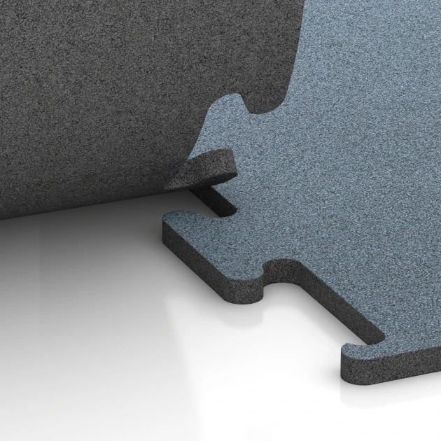 Großaufnahme vom Verbindungssystem von WARCO-Boden 6168 - Fitness Performance Elite Trainingsboden im Farbdesign Altsilber. Abmessungen 500 x 500 x 20 mm.